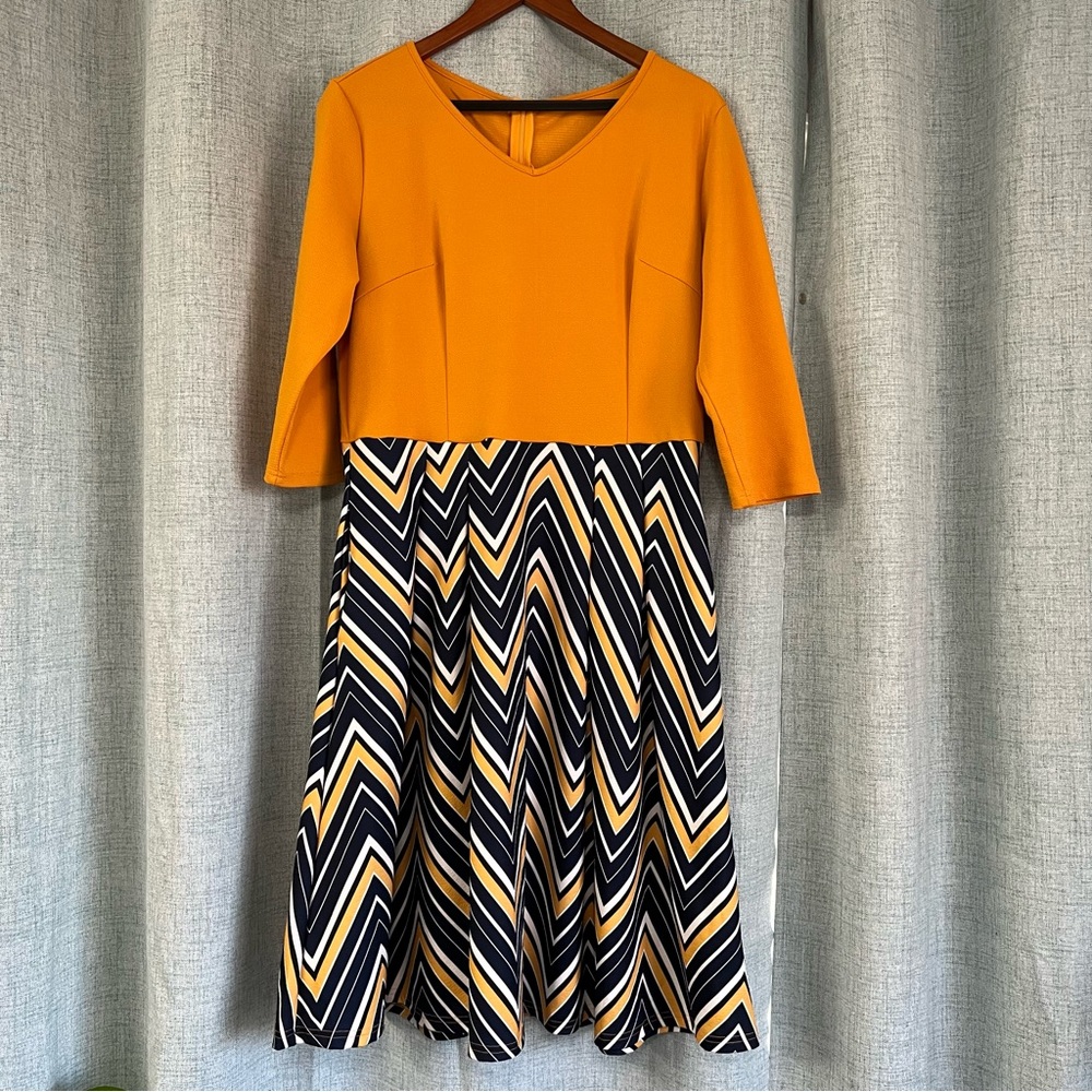 Yellow and Navy Blue V-Neck Fit and Flare Dress